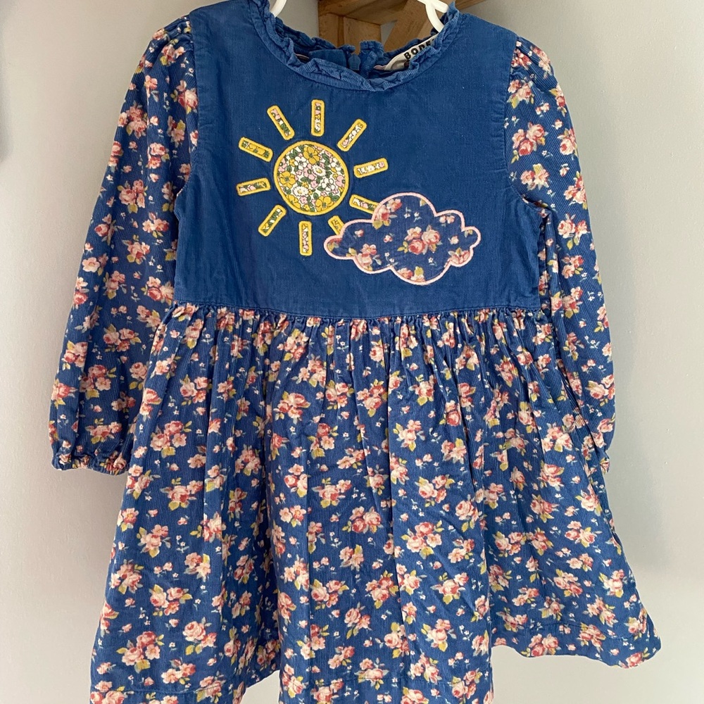 Mini Boden Floral Blue Kids Dress with Sun and Cloud Design